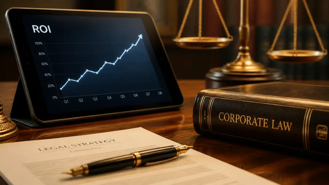 A high-end, close-up shot of a legal professional’s desk. There is a sleek tablet showing a line graph trending upwards labeled 'ROI', a fountain pen, and a leather-bound law book.
