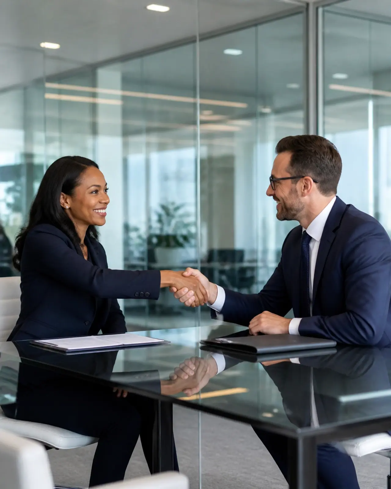 A professional lateral partner interview in a sleek glass-walled conference room