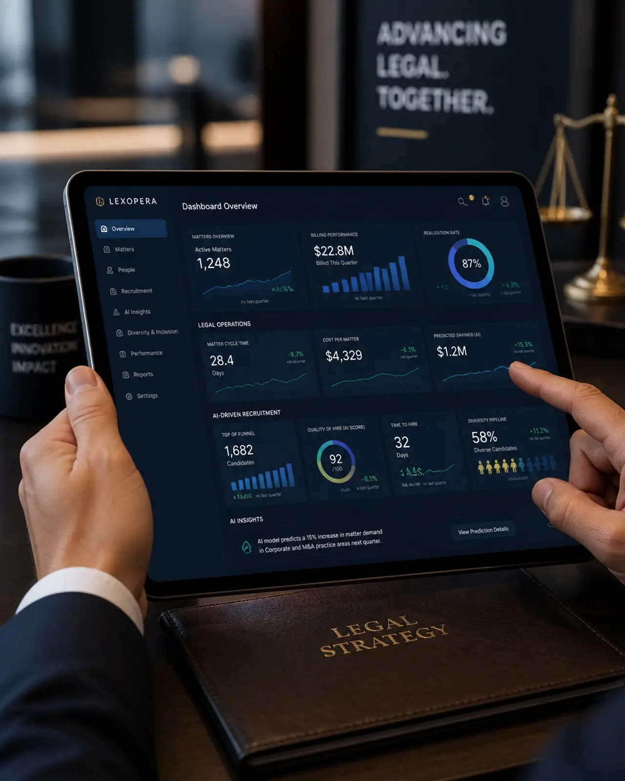 A legal professional using a tablet displaying AI-driven recruitment metrics
