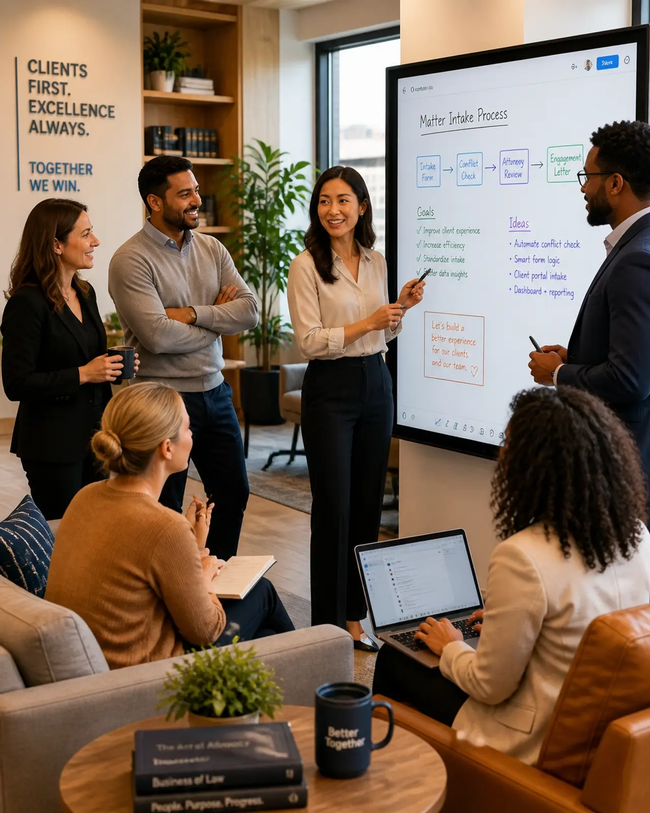 A group of diverse legal professionals collaborating in a modern office lounge