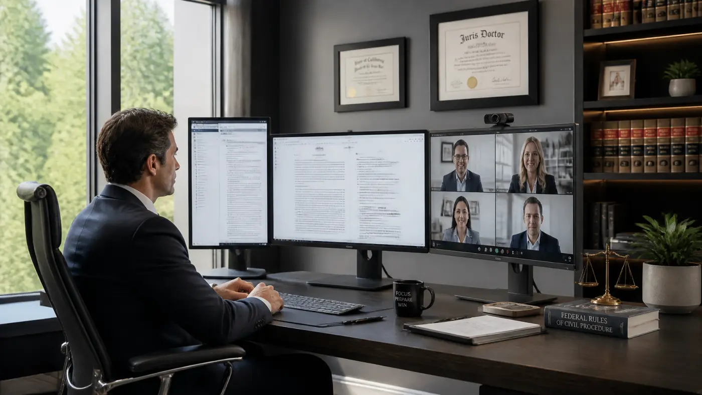 A professional attorney working from a sleek, minimalist home office, showcasing the productivity and focus of remote legal professionals.