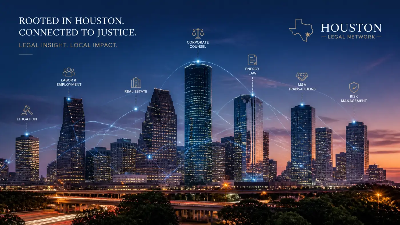 The Houston skyline at dusk, overlaid with digital connection lines representing a modern, interconnected legal network.