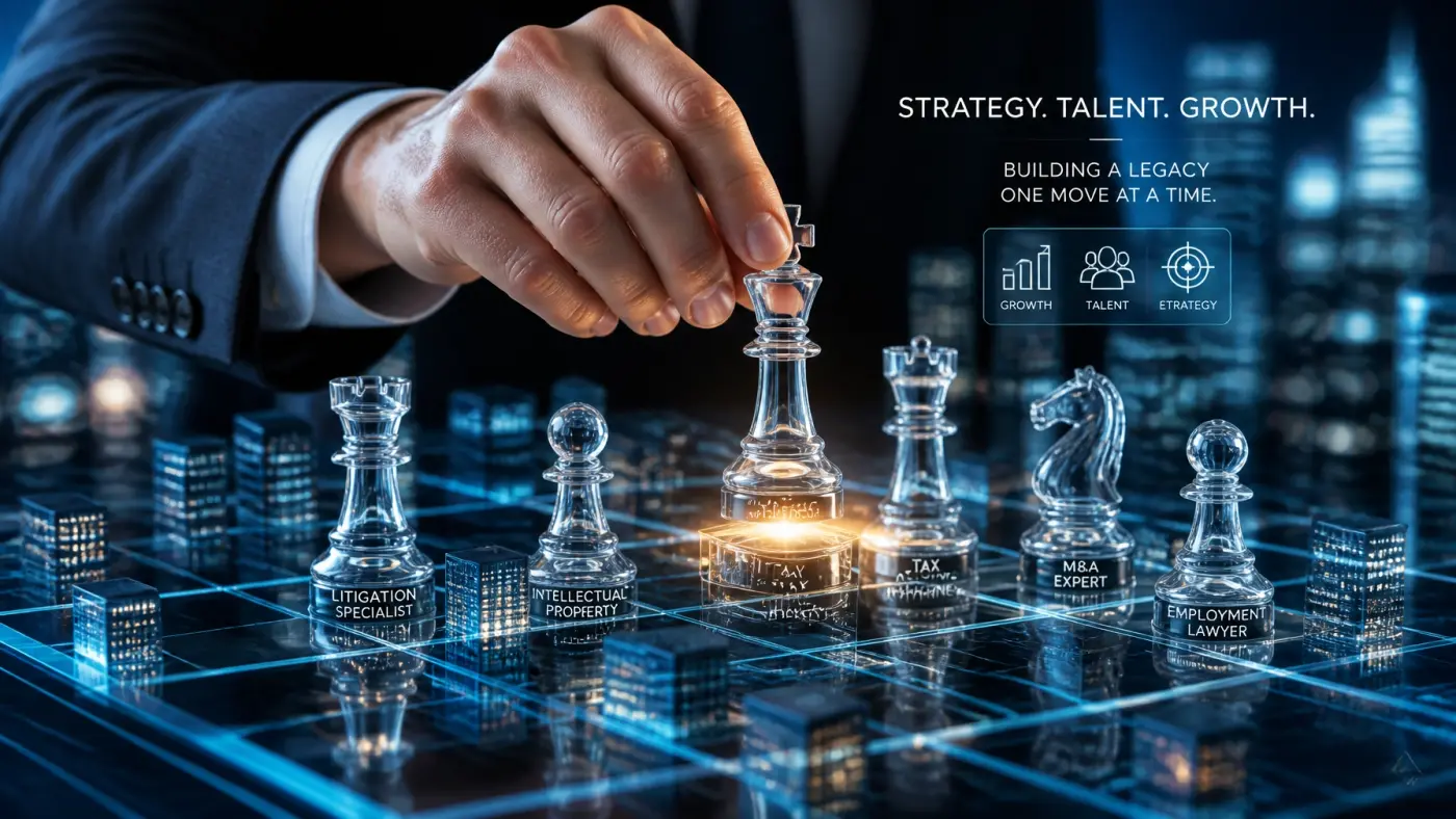 A conceptual image of a hand moving a glass chess piece on a digital chessboard, symbolizing strategic law firm growth.
