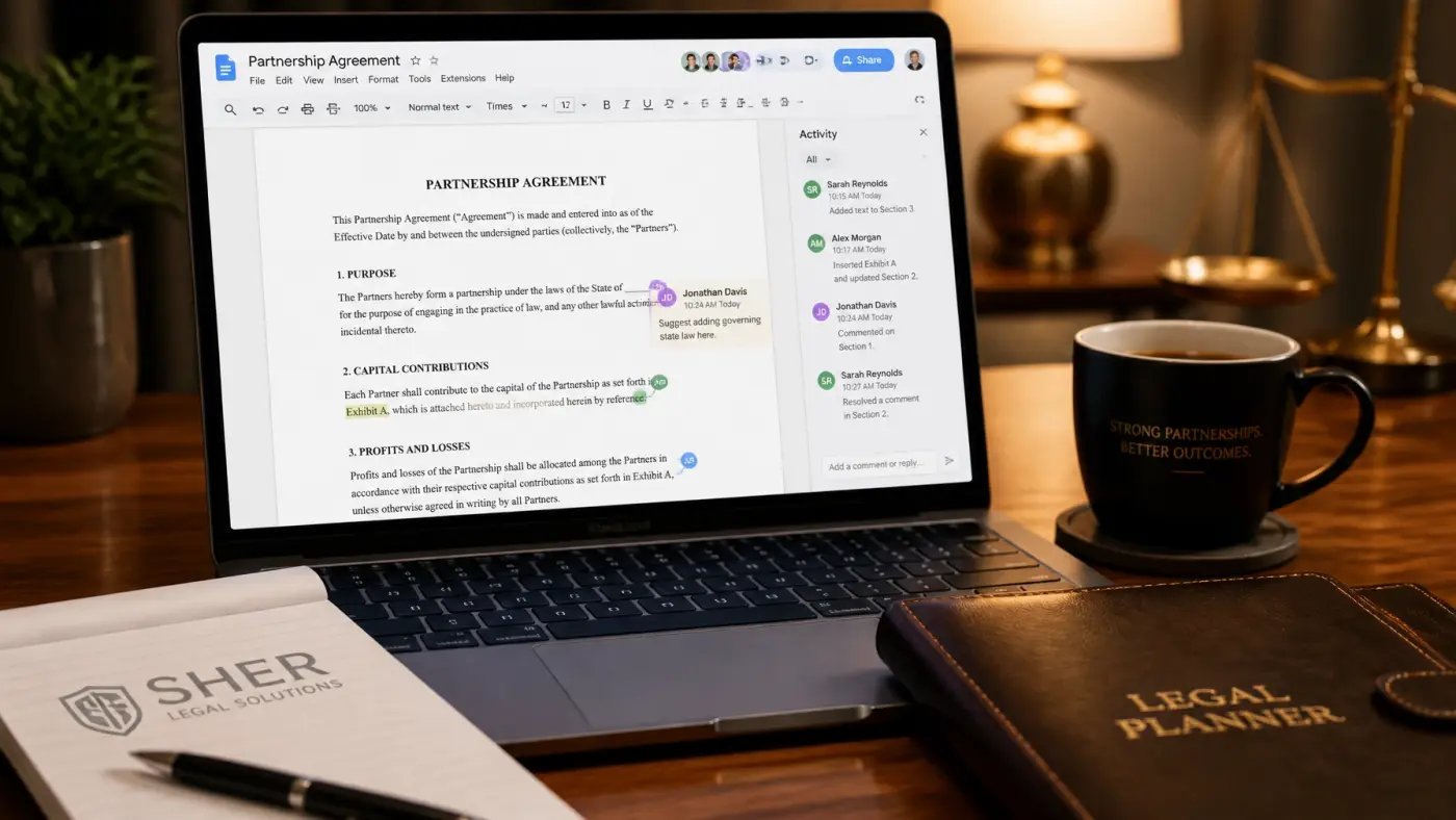 A laptop screen showing a collaborative legal document, representing the seamless partnership between SHER Legal Solutions and its clients.