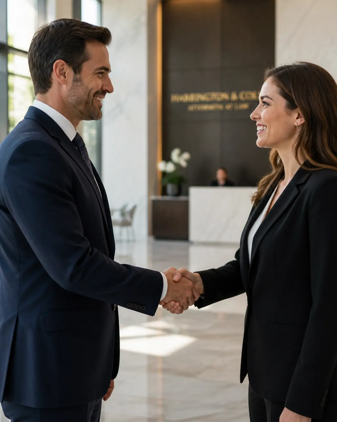 A professional handshake between a man in a sharp navy suit and a woman in a professional business blazer, symbolizing partnership.