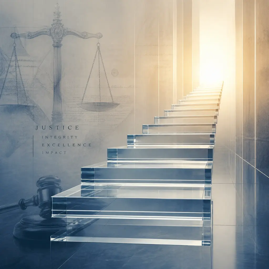 An abstract and artistic representation of growth in the legal industry with ascending glass steps.