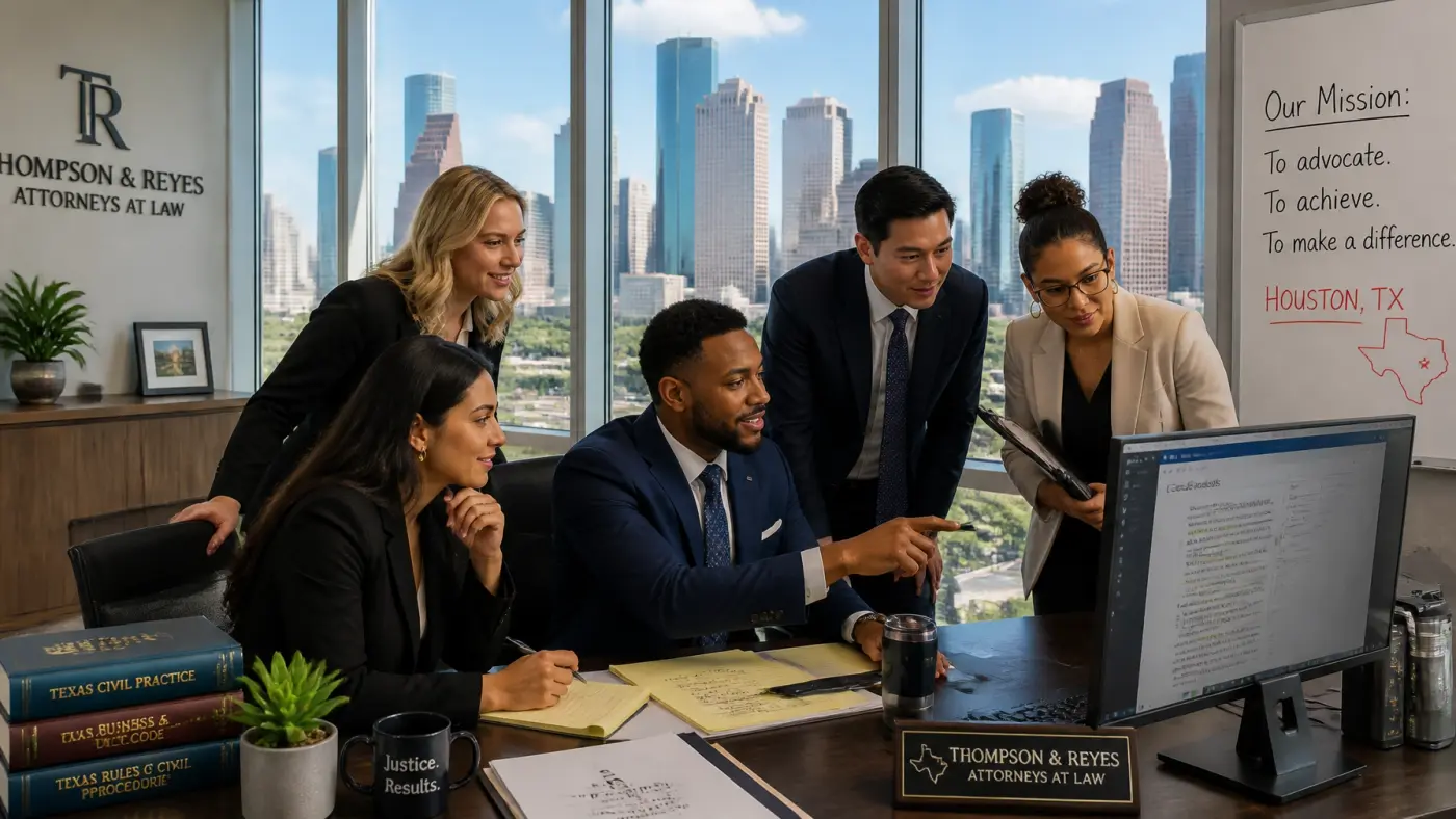 A diverse team of legal professionals: attorneys and paralegals: collaborating in a modern Houston office.