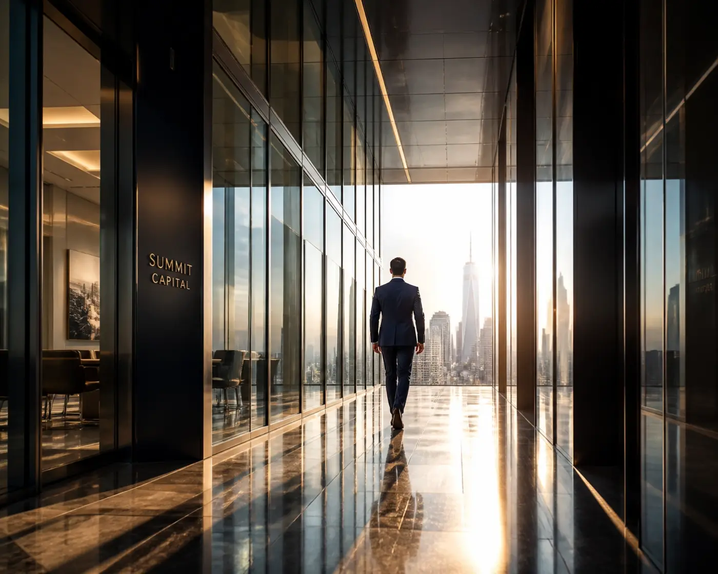 Professional in a suit walking toward a skyline, symbolizing an exclusive path for a target legal candidate.