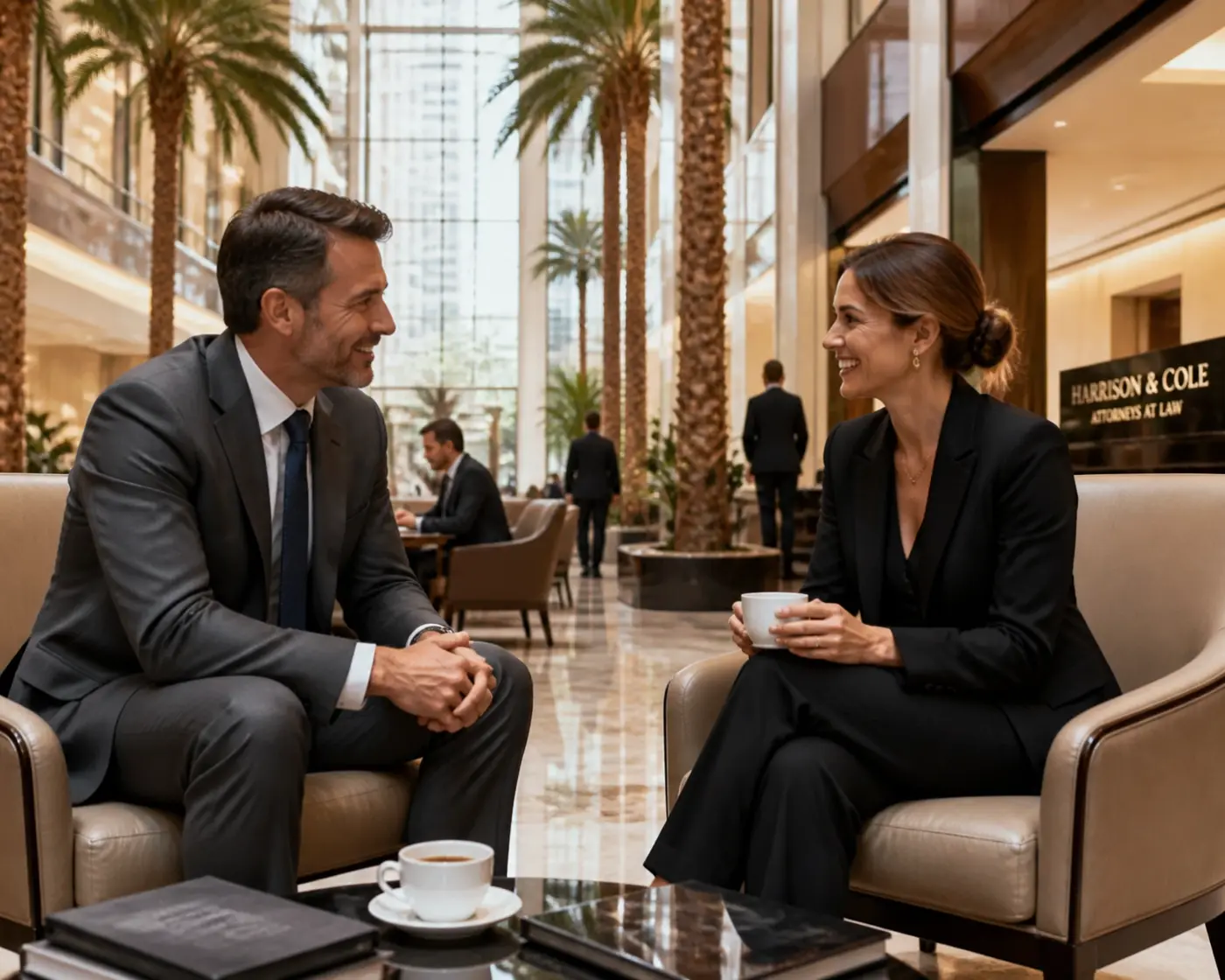 Two professionals networking in a luxury law firm atrium to discuss direct-hire placement and legal career growth.