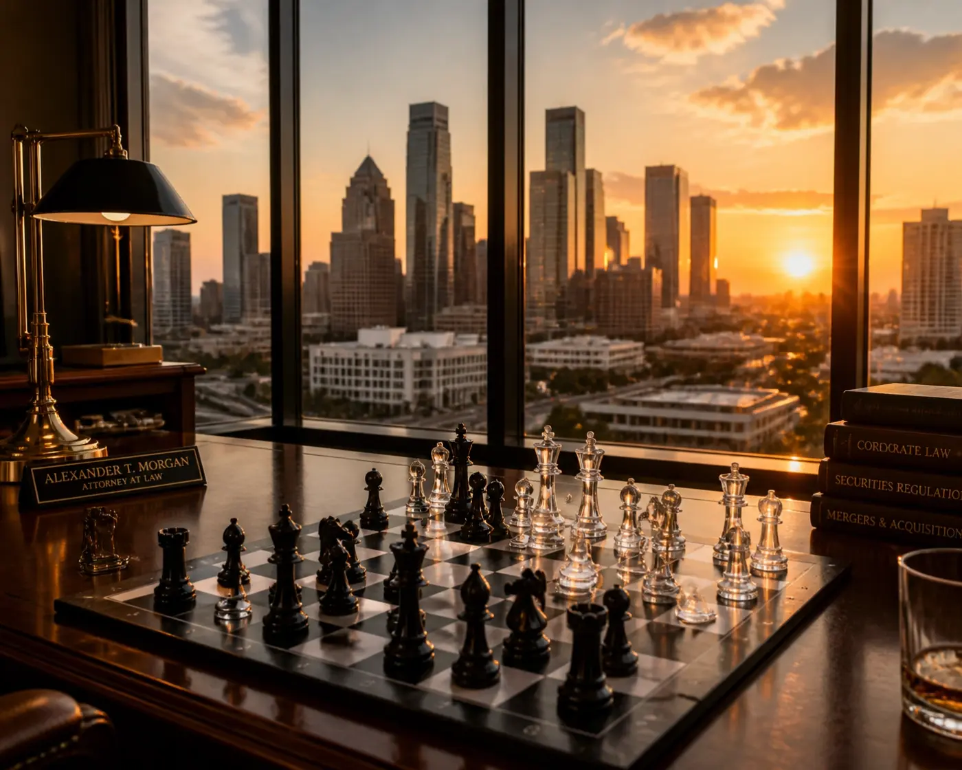Strategic Houston legal staffing and chess set in office representing firm growth goals.