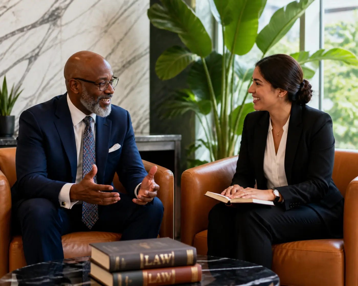 Diverse legal professionals in a law firm lounge showing high EQ leadership and teamwork.