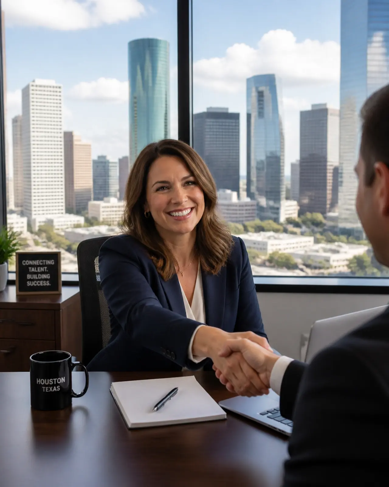 A professional legal recruiter in a Houston office, representing successful direct-hire placement and local market expertise.