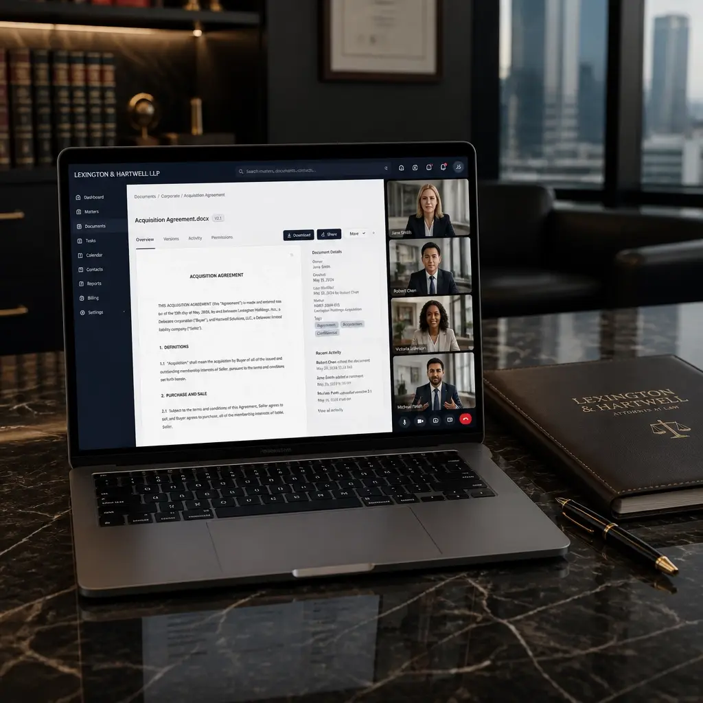 A high-end laptop on a marble desk showing diverse legal professionals collaborating digitally.