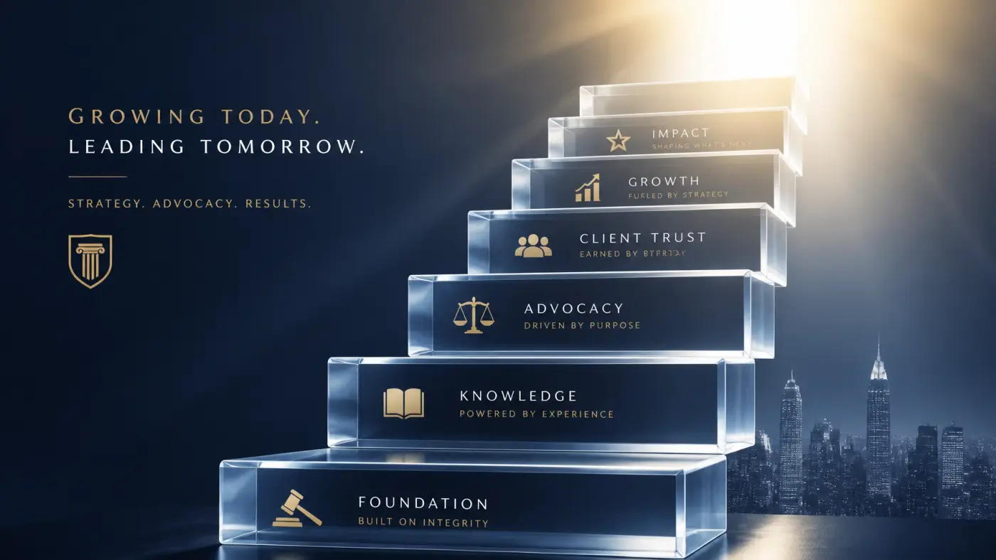 Conceptual image of growth and scaling with translucent glass steps rising upward.
